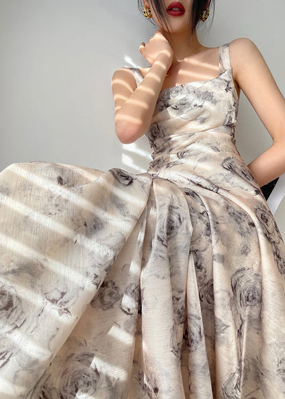 Square Collar Zippered Print Chiffon Maxi Dresses Sleeveless