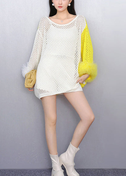 Art Yellow O-neck Hollow Out Patchwork Knit Top Fall