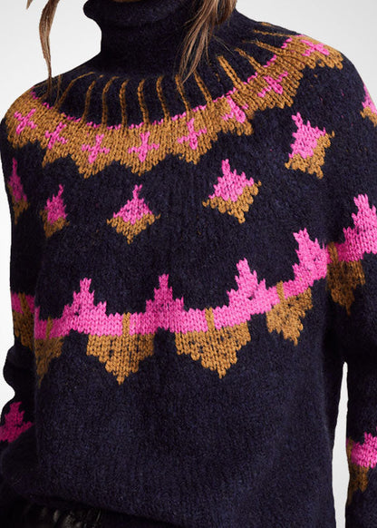 Black Turtle Neck Print Wool Knit Sweater Tops Winter
