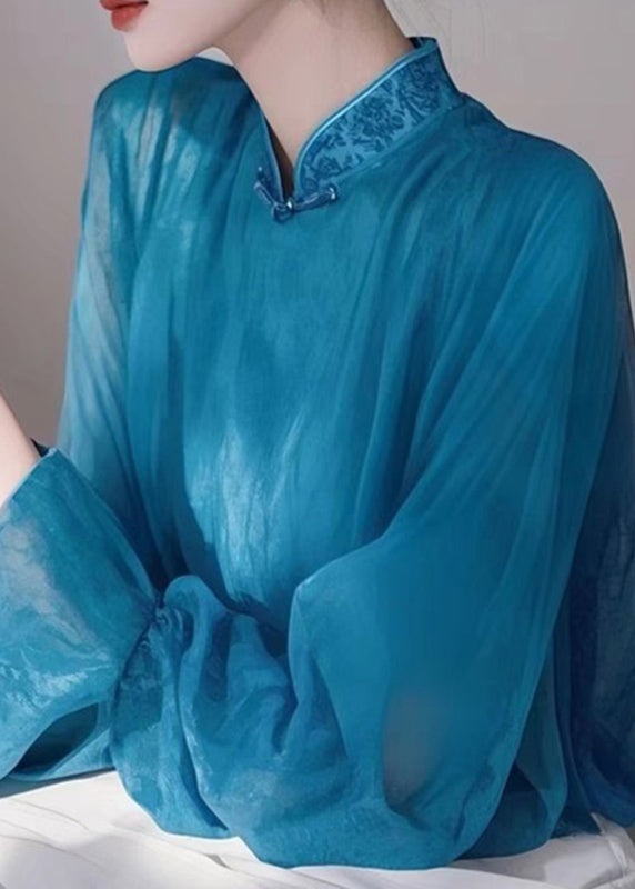 Blue Stand Collar Chiffon Shirts Spring