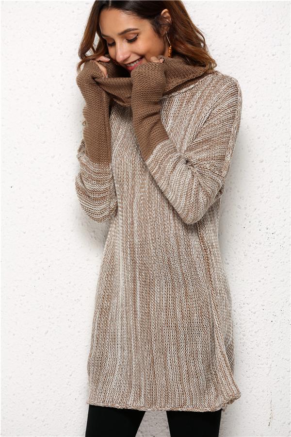 Spliced Turtleneck Loose Pullover Sweater - Brown