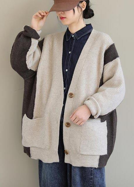 Aesthetic Beige Knit Tops V Neck Button Down Knitted Clothes