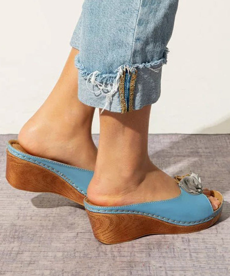 Blue Splicing Wedge Slide Sandals