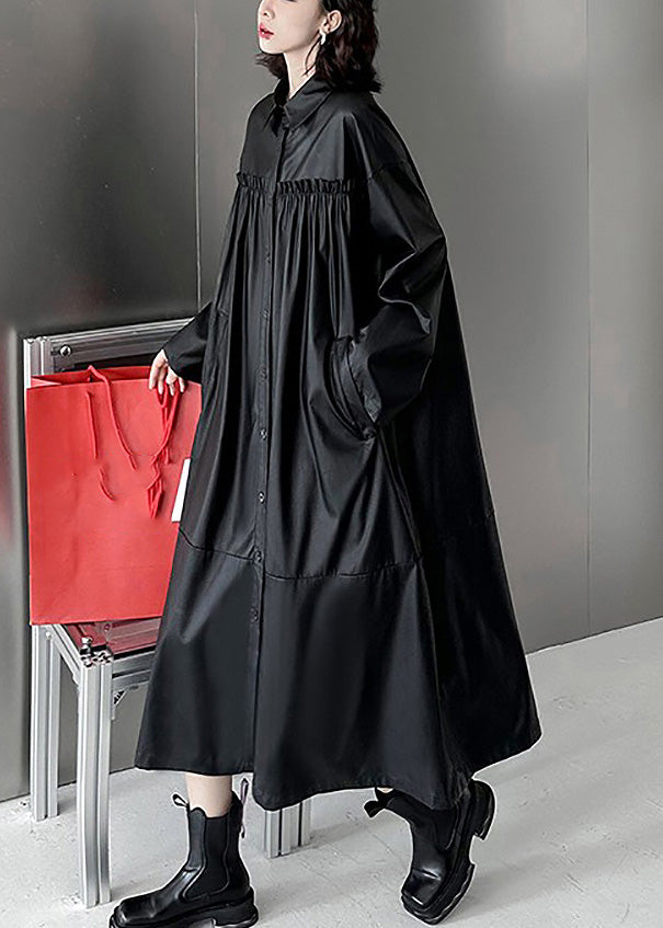 Black Peter Pan Collar Faux Leather Patchwork Wrinkled Button Trench Coats Long Sleeve