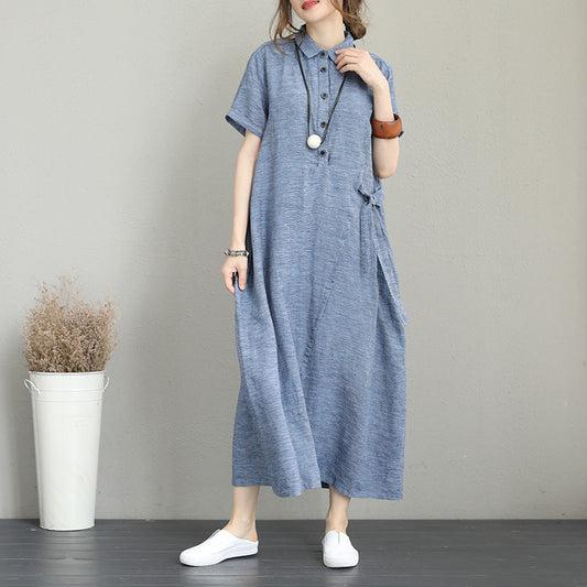 Blue Natural Linen Dress Side Tie Waist Linen Clothing Dress Lapel Collar Linen Caftans