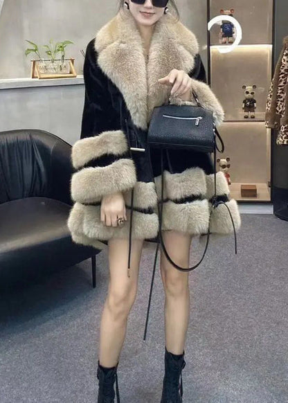 Leopard Fur Collar Drawstring Patchwork Faux Leather Coats Winter