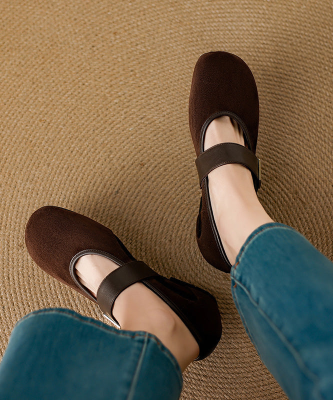 Brown Buckle Strap Splicing Suede Wedge Shoes
