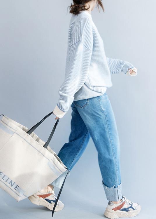 Pullover Winter Blue White Striped Knit Sweat Tops High Neck Crane Tops