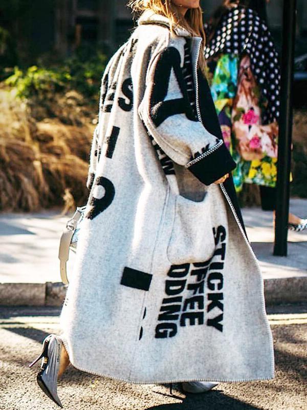 Letter Print Pocket Long Woolen Coat