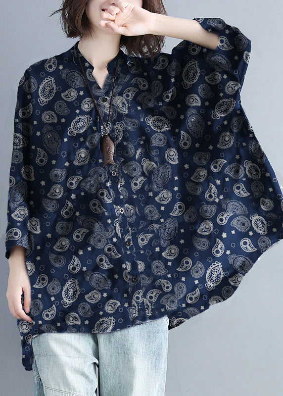 Navy Stand Collar Oversized Print Chiffon Top Batwing Sleeve