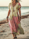 Women's Vintage Ethnic Floral Art Print Pocket Cotton Dress