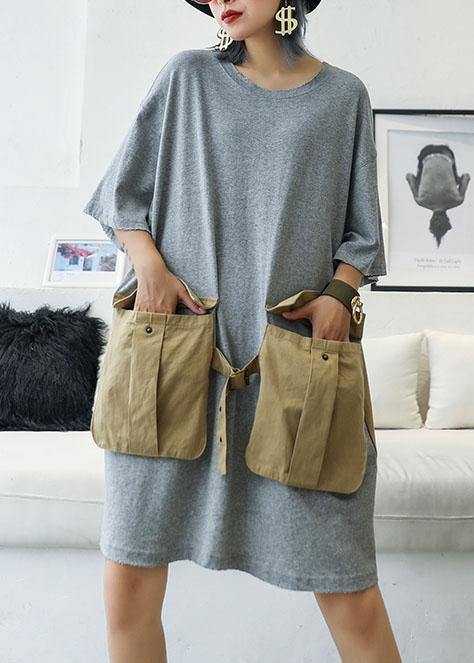 Loose Patchwork Big Pockets Cotton Clothes Inspiration Gray Dresses Summer
