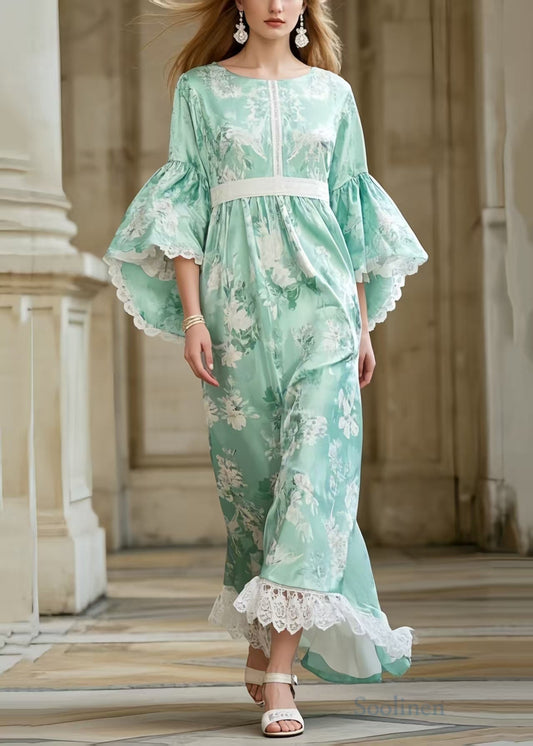 Light Green Print Tunic Patchwork Lace Party Dress Flare Sleeve