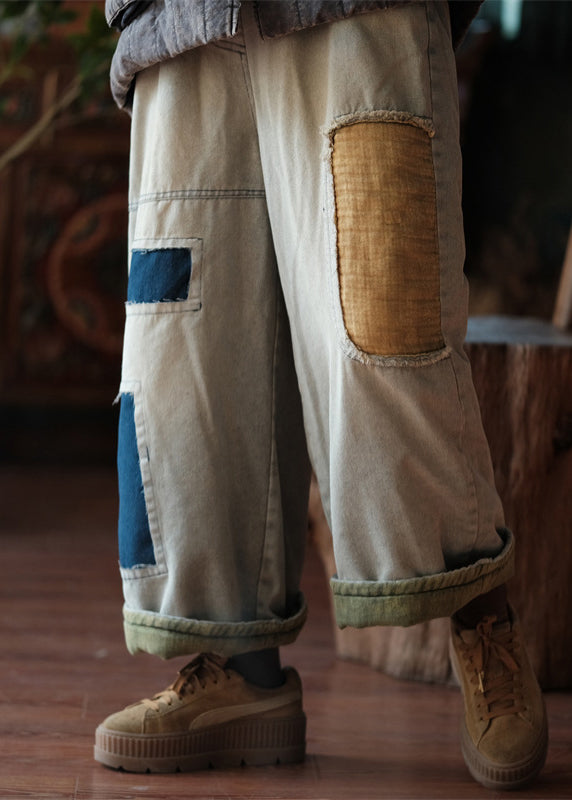 Photo Color Pockets Patchwork Thick Denim Crop Pants Spring