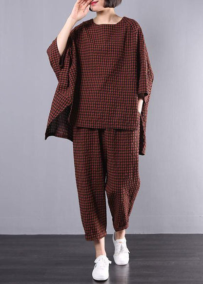 Cotton Linen Red Plaid Blouse and Pants Two Pieces Set(limited Stock)