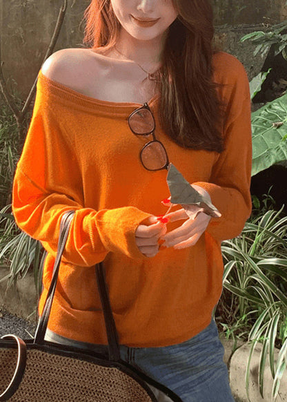 Unique Orange Asymmetrical Design Patchwork Thin Cotton Knit Top Fall