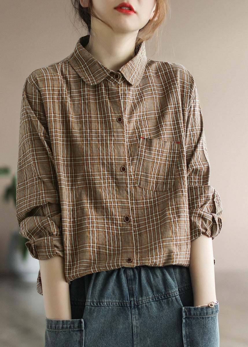 Coffee Plaid Cotton Shirt Tops Pocket Long Sleeve