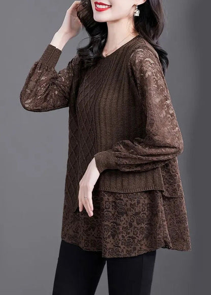 Coffee O-neck Knit Patchwork Fake Two Pieces Top Fall