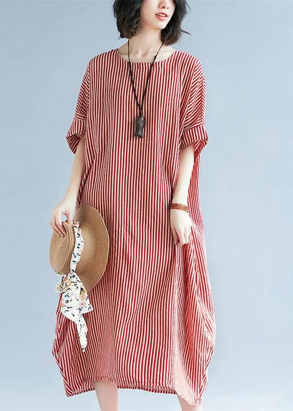 Red Linen Maxi Dress O Neck Striped Linen Clothing Dresses Fine Baggy Dresses Caftans