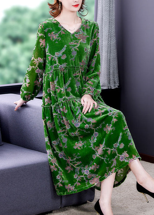 Green Ruffled Patchwork Velour Dresses