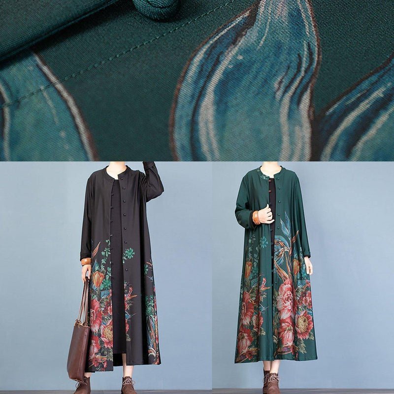 Green Prints Coat Oversize Long Coat Fall Trench Coats O Neck