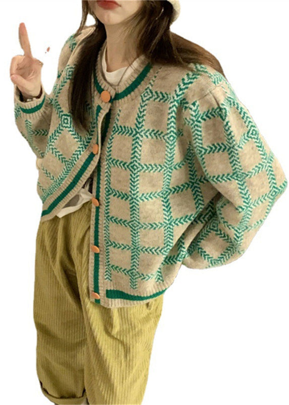 Boutique Green O Neck Plaid Button Knit Coat Fall