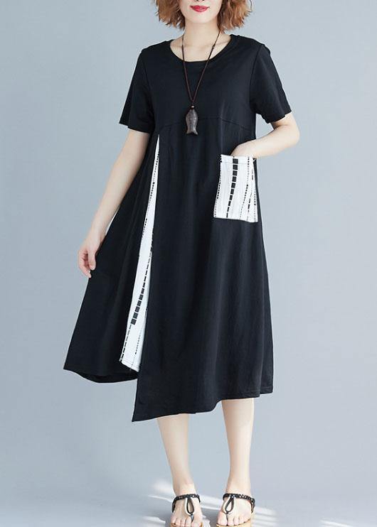 Modern Patchwork White Prints Cotton Tunics Asymmetric Hem Short Summer Dress