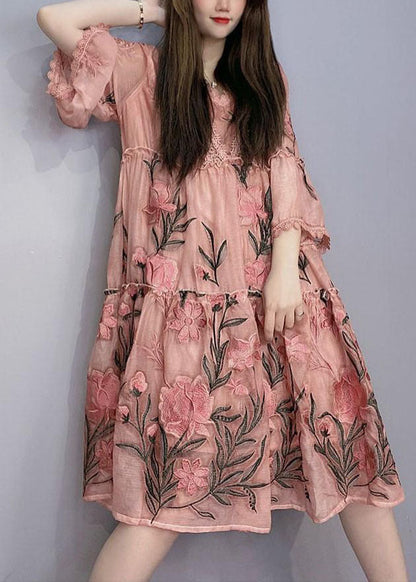 Handmade Pink Embroidered Ruffled Patchwork Robe Dresses Bracelet Sleeve