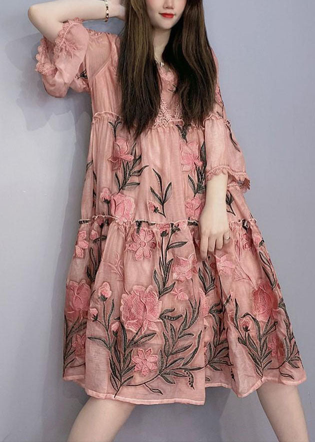 Handmade Pink Embroidered Ruffled Patchwork Robe Dresses Bracelet Sleeve