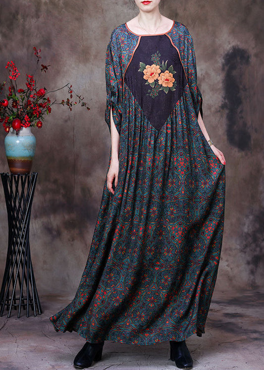 Green O-neck Patchwork Print Exra Large Hem Silk Maxi Dresses Long Sleeve