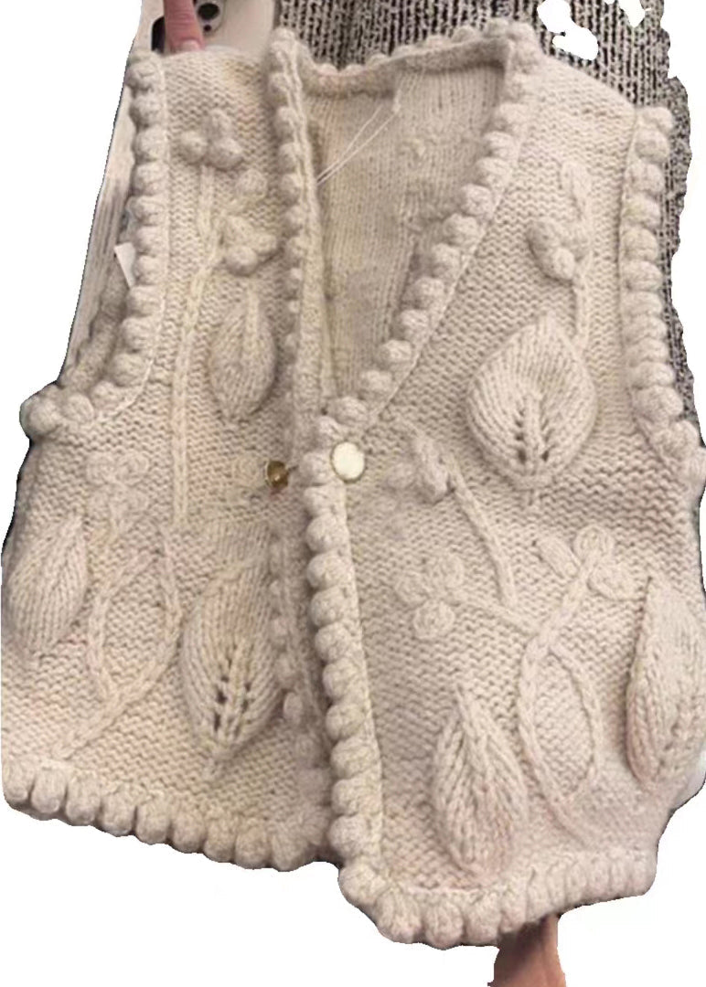 Classy Beige V Neck Button Cotton Knit Waistcoat Sleeveless