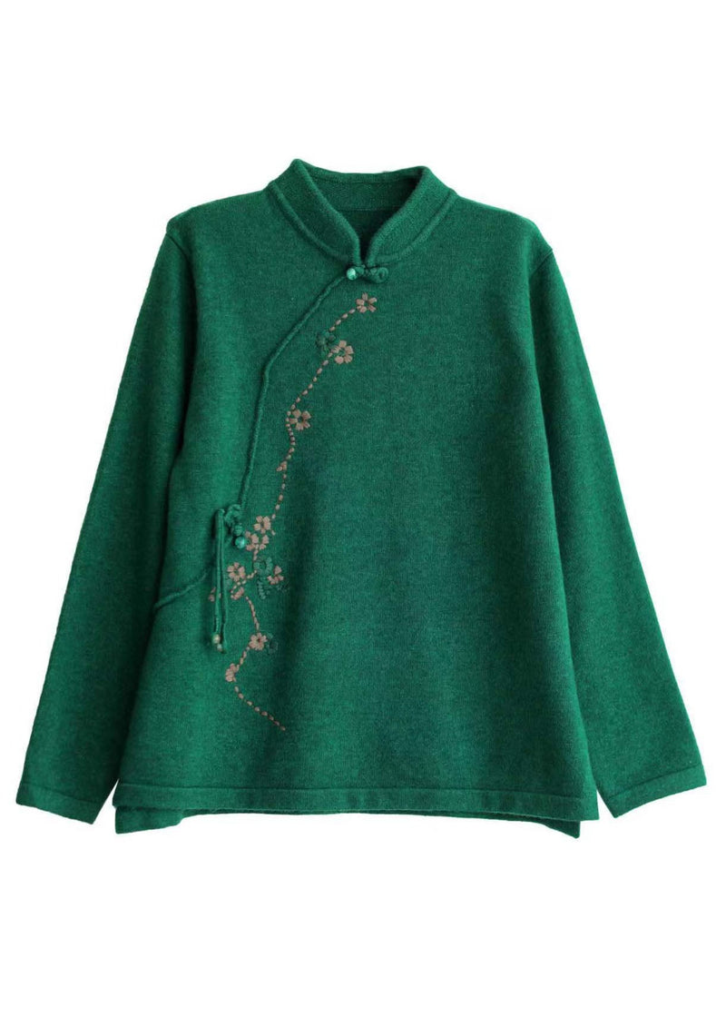 Green Mandarin Collar Embroideried Knit Sweaters Winter
