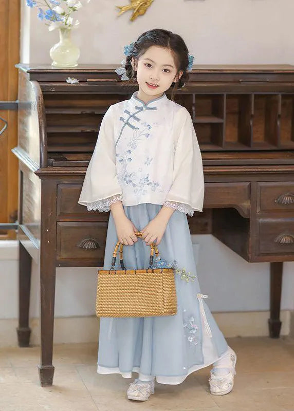 Chinese Style Pink Stand Collar Print Shirts and Maxi Skirts Two Pieces Set Spring