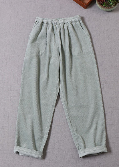 Light Green Pockets Corduroy Pants Winter