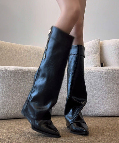White Wedge Cowhide Leather Splicing Boots Pointed Toe