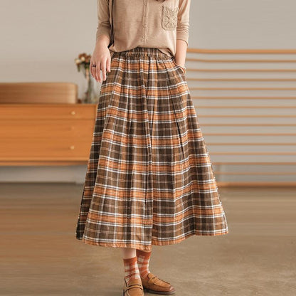 Plaid Pocket A-line Elastic Waist Skirt