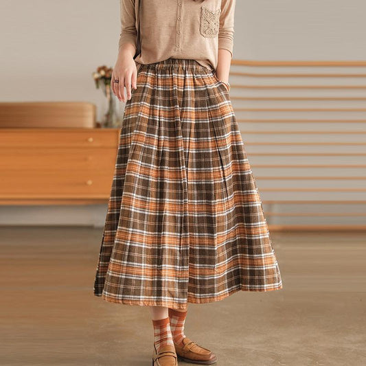Plaid Pocket A-line Elastic Waist Skirt