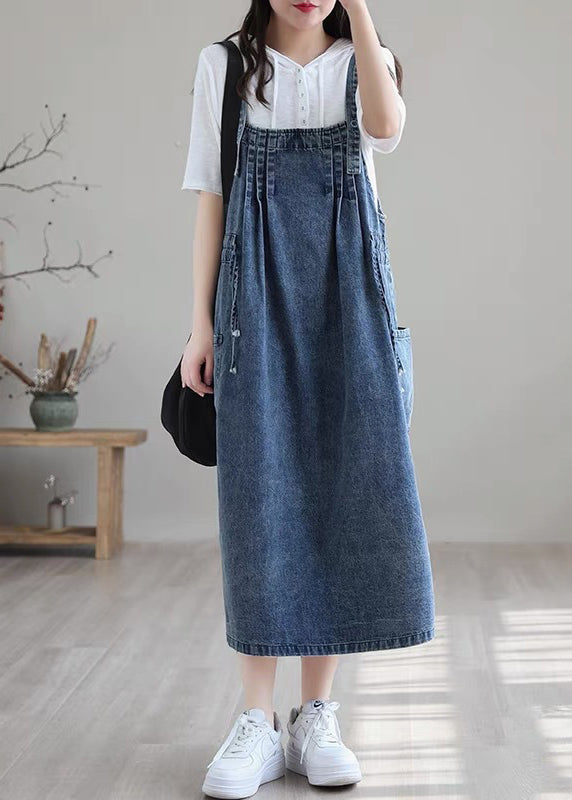 Blue Drawstring Pocket Spaghetti Strap Cotton Denim Dress