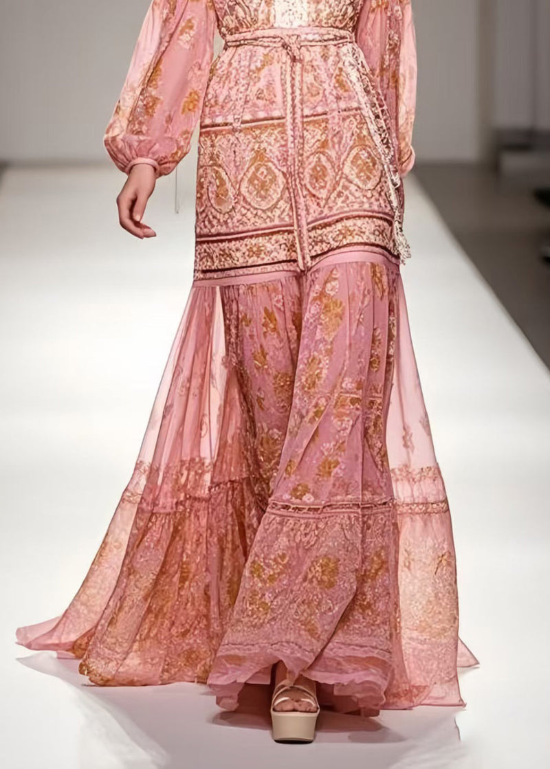 Modern Pink Cinched Print Chiffon Ankle Dress Spring