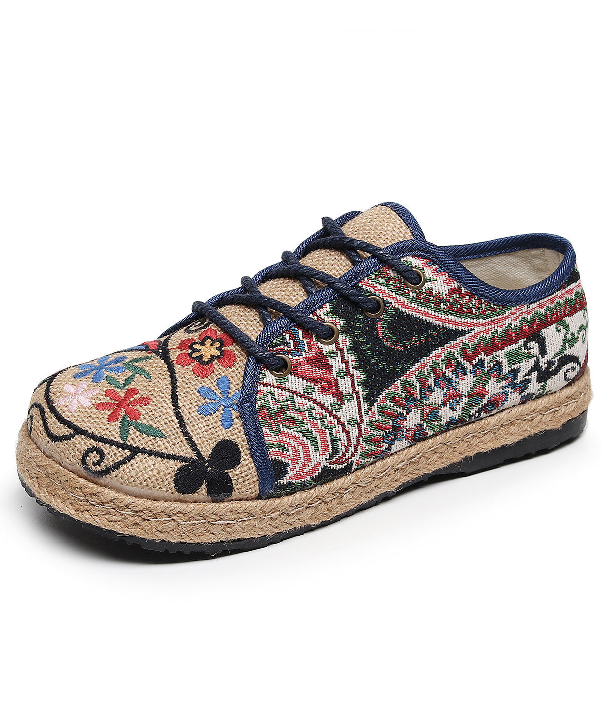Retro Style Embroidered Lace Up Linen Flat Shoes