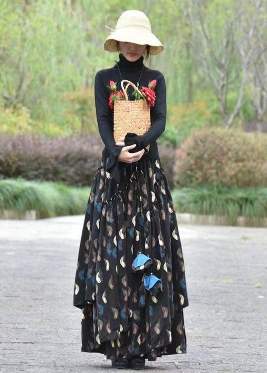 Black Wrinkled Print Elastic Waist Corduroy Skirt Spring
