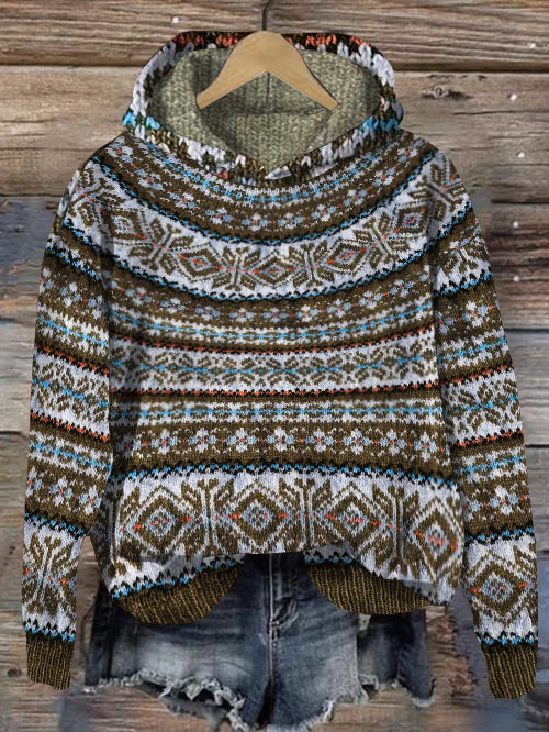 Vintage Knitted Icelandic Style Hooded Sweater elevenforest