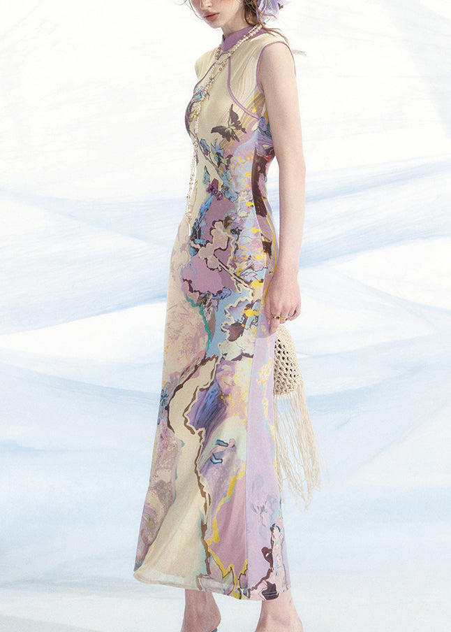 New Blue Print Wear on Both Sides Tulle Long Dress Sleeveless