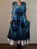 Women's Vintage Floral Art Print V-Neck Button Pocket Cotton Dress