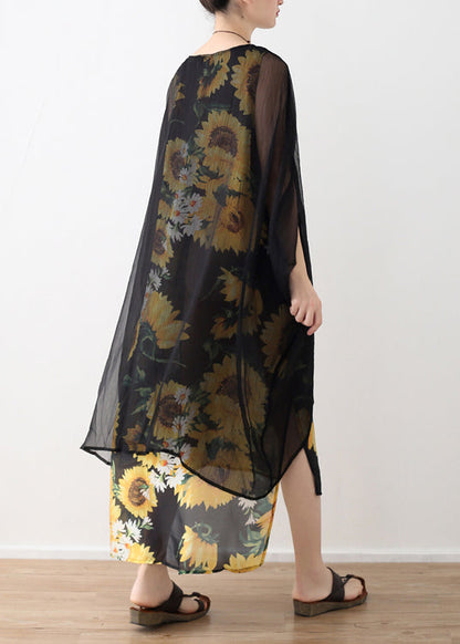 Style Yellow Print Chiffon Clothes Neckline O Neck False Two Pieces Art Summer Dress