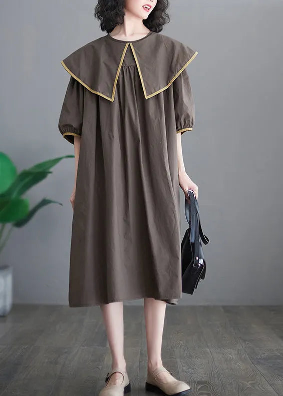 Chocolate Patchwork Cotton Long Dress Oversized O-neck Half Sleeve