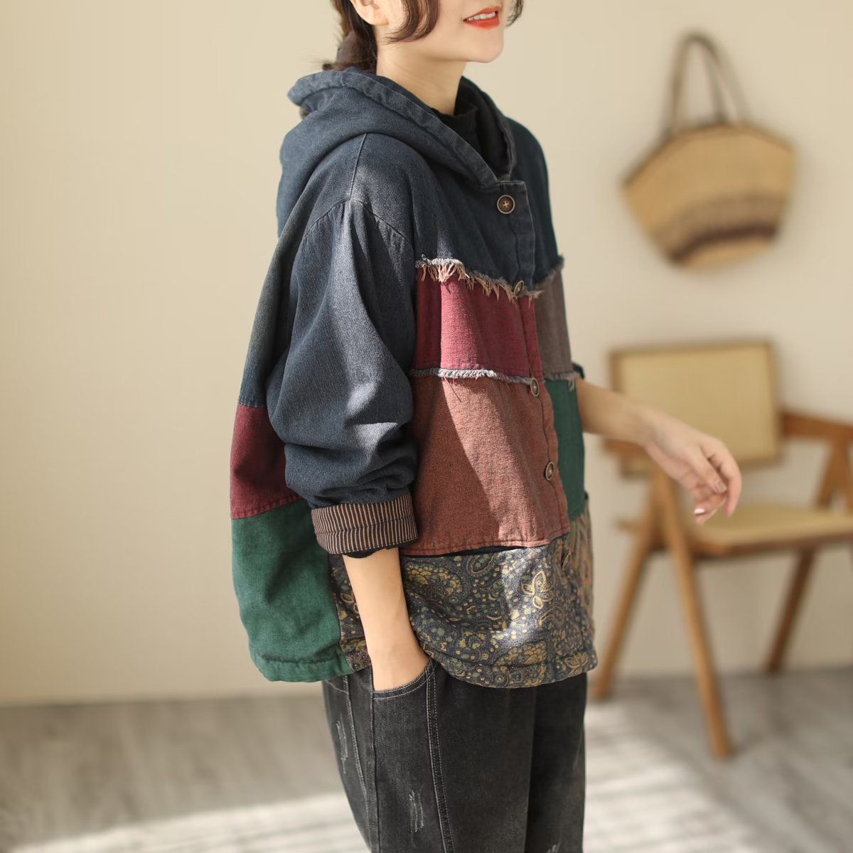 Padded Thick Loose Colorblock Denim Jacket