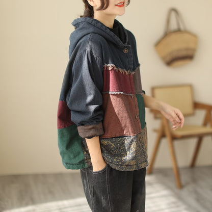 Padded Thick Loose Colorblock Denim Jacket