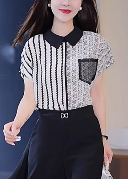 Novelty Graphic Peter Pan Collar Striped Patchwork Shirt Short Sleeve