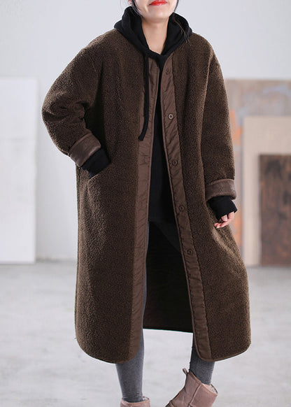 Loose Coffee O-neck Patchwork Button Pockets Faux Fur Coats Long Sleeve